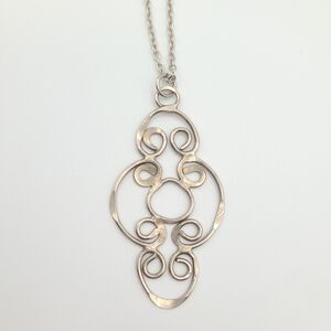 Silver Tone Filigree Pendant Necklace Long Statement Scroll